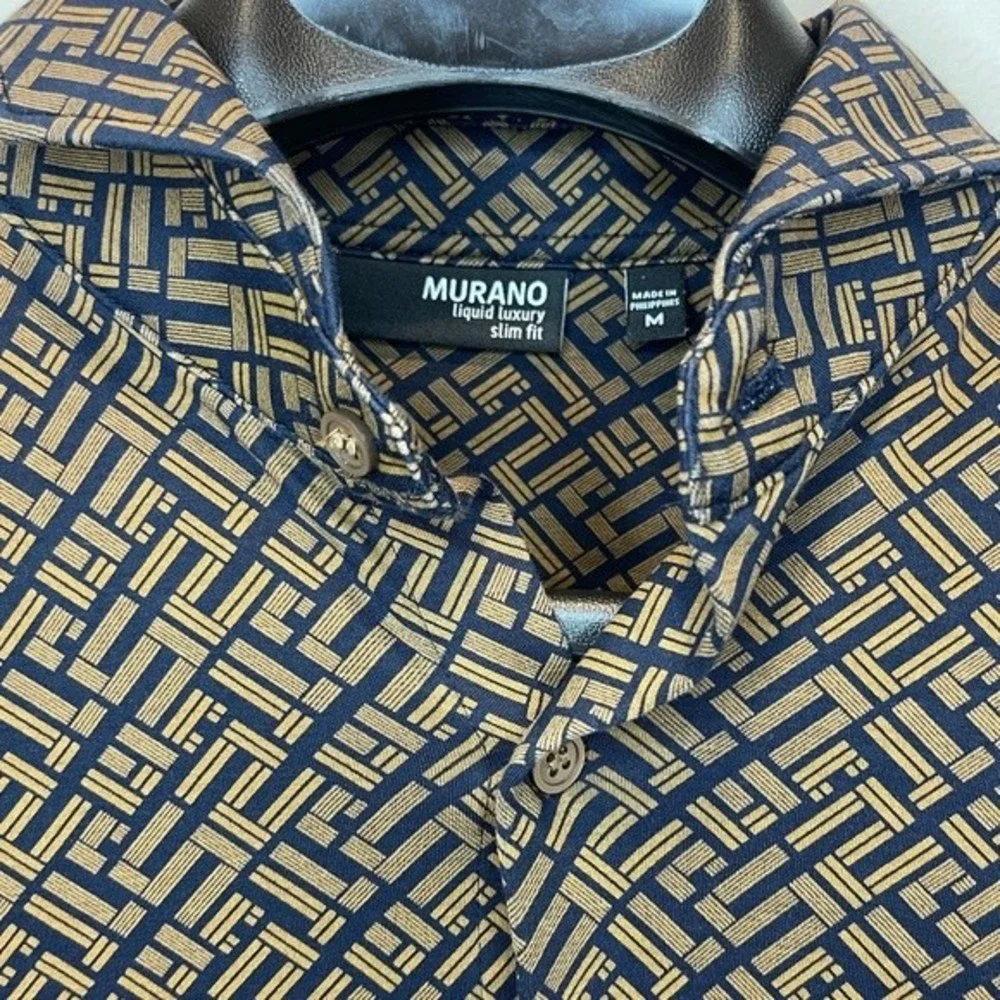 Murano Liquid Luxury Slim Fit Geometric Button Up Navy Blue Brown size M - Picture 12 of 13